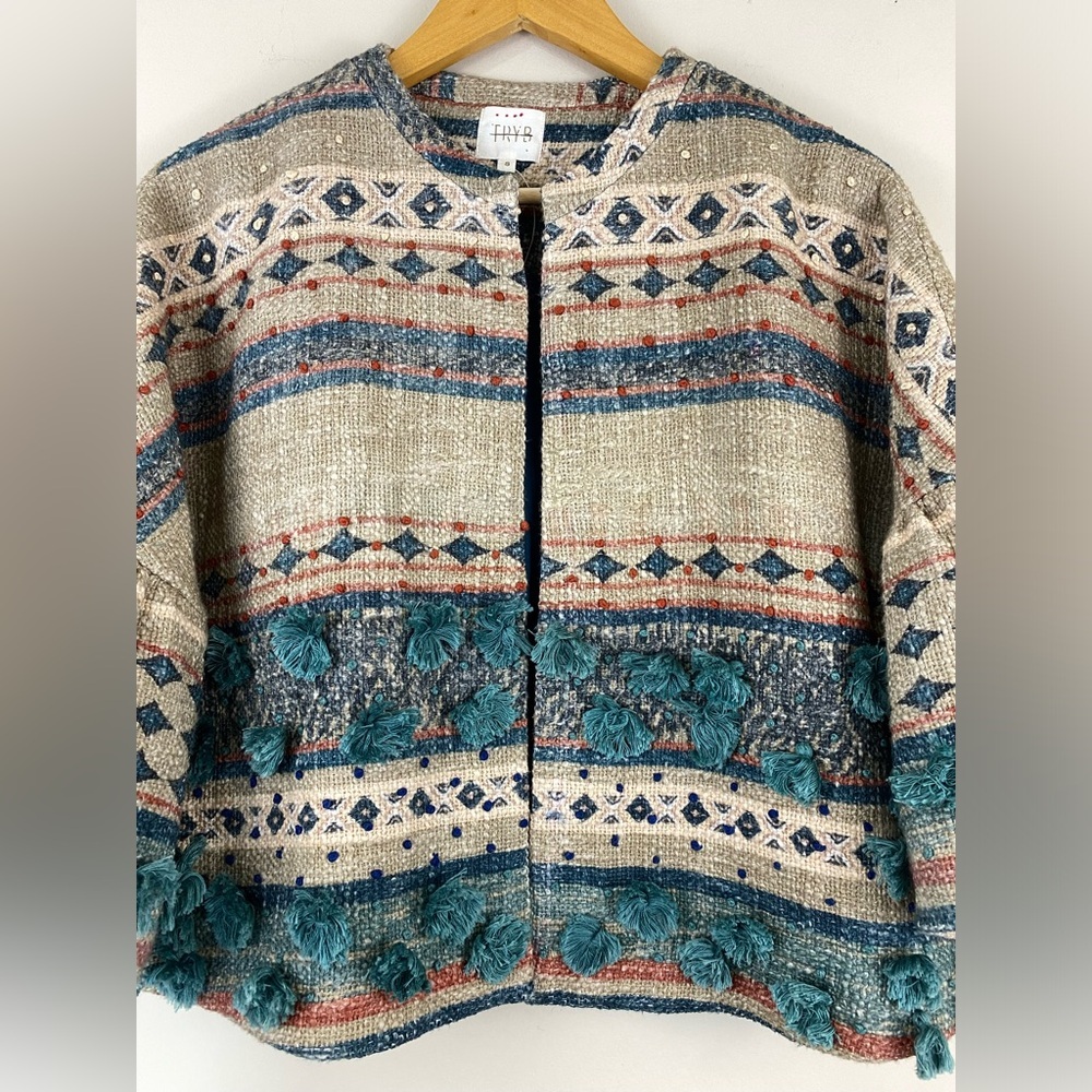 Anthropologie TRYB Kuta Textured Kimono Jacket In Blu Motif Size Small NWOT - Picture 7 of 16
